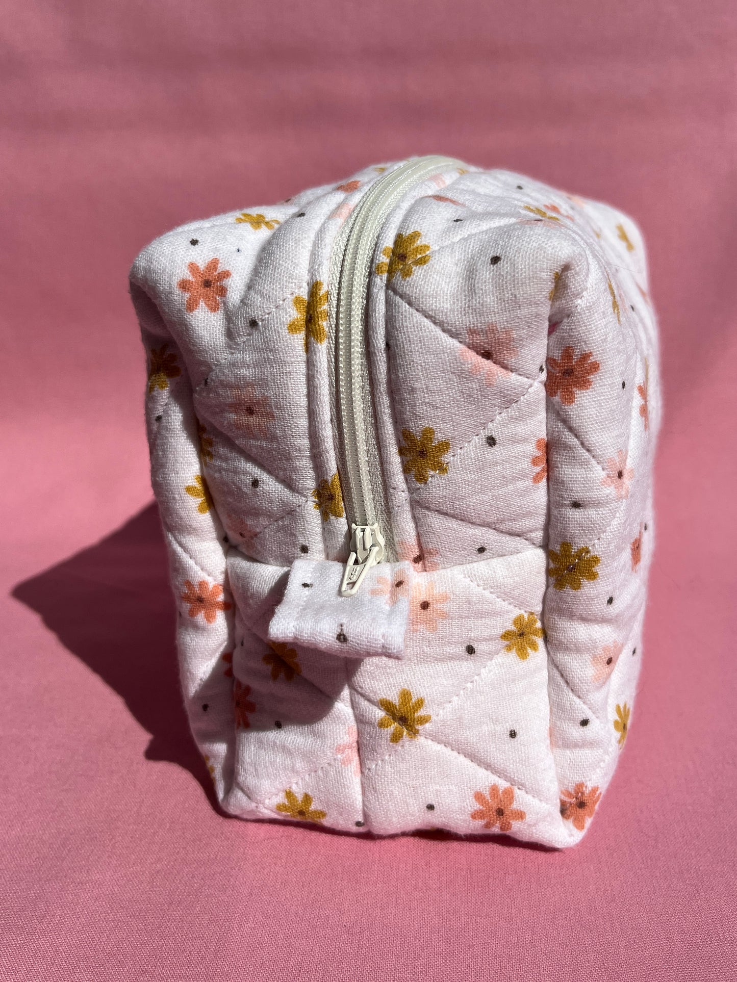 White & Pink Floral Small Boxy Pouch
