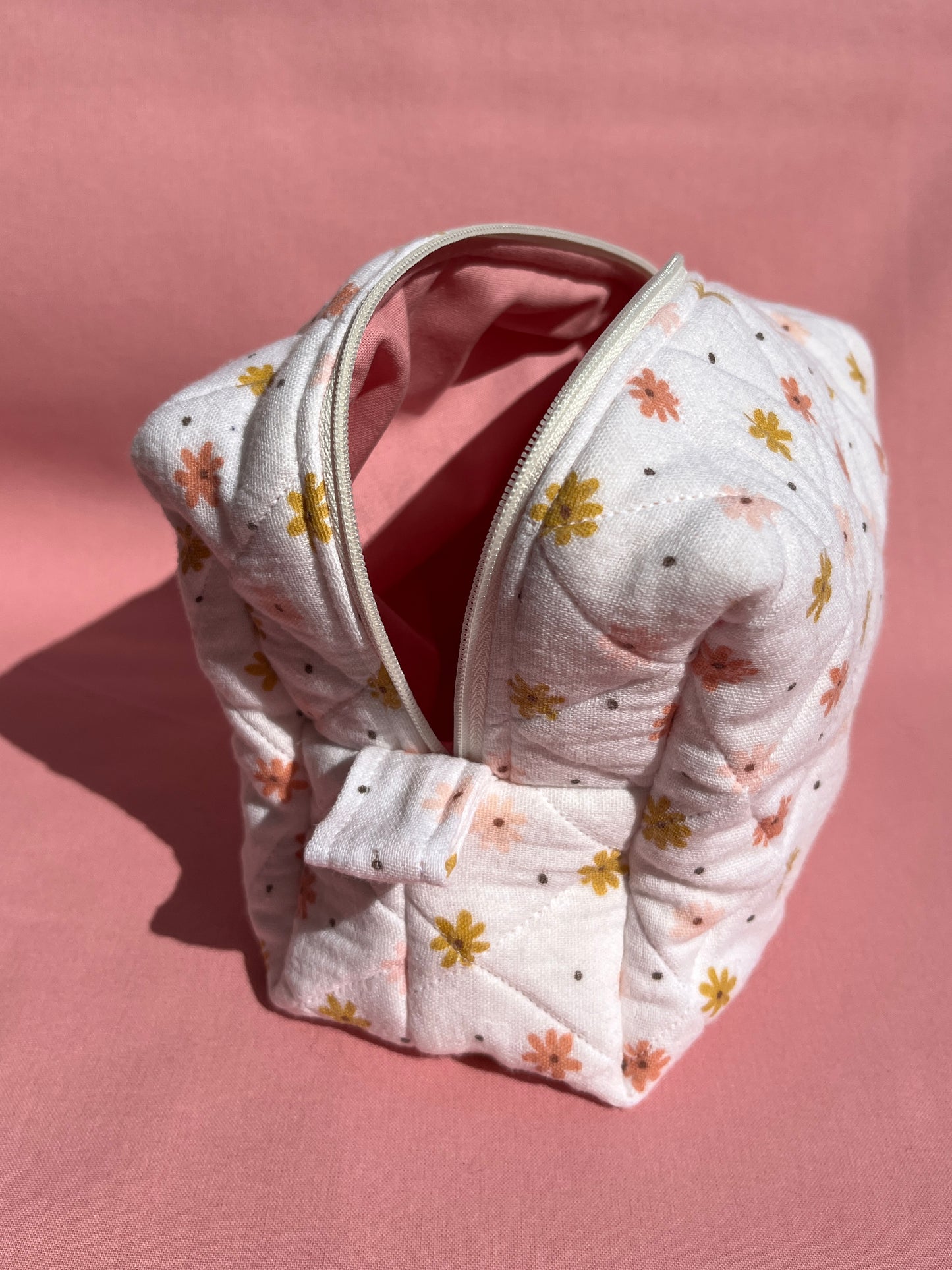 White & Pink Floral Small Boxy Pouch