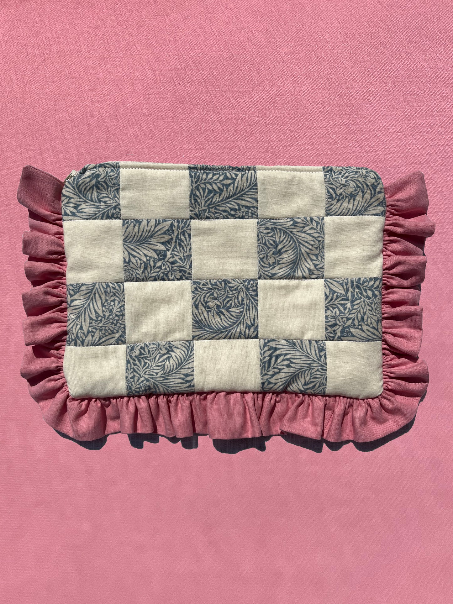 Cream & Floral Checkerboard Ruffle Trim Pouch