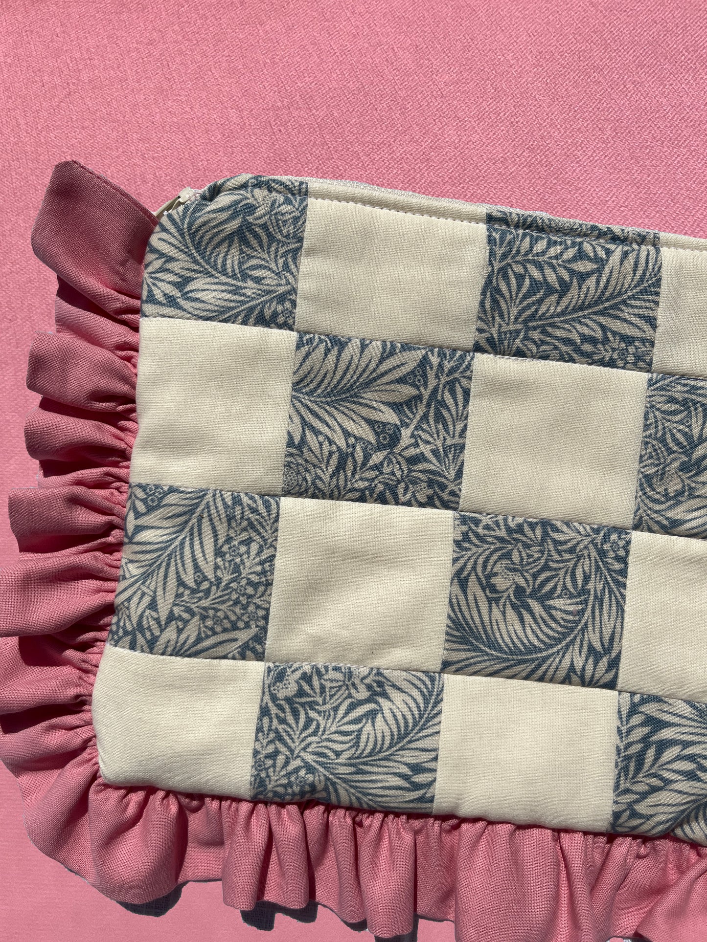 Cream & Floral Checkerboard Ruffle Trim Pouch