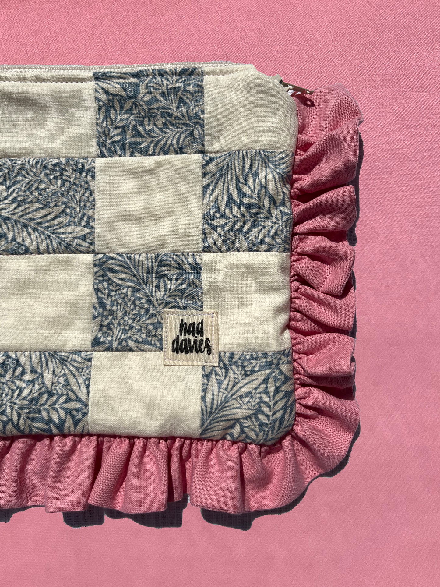 Cream & Floral Checkerboard Ruffle Trim Pouch