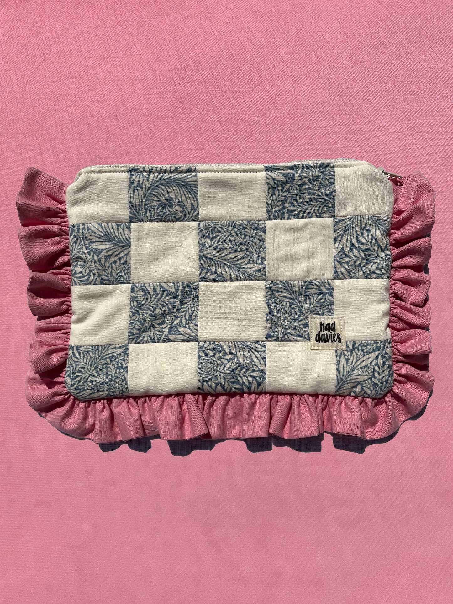 Cream & Floral Checkerboard Ruffle Trim Pouch