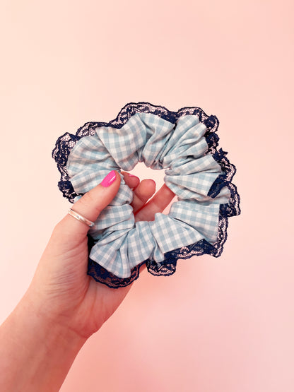 Blue Gingham | Lace Trimmed Scrunchie