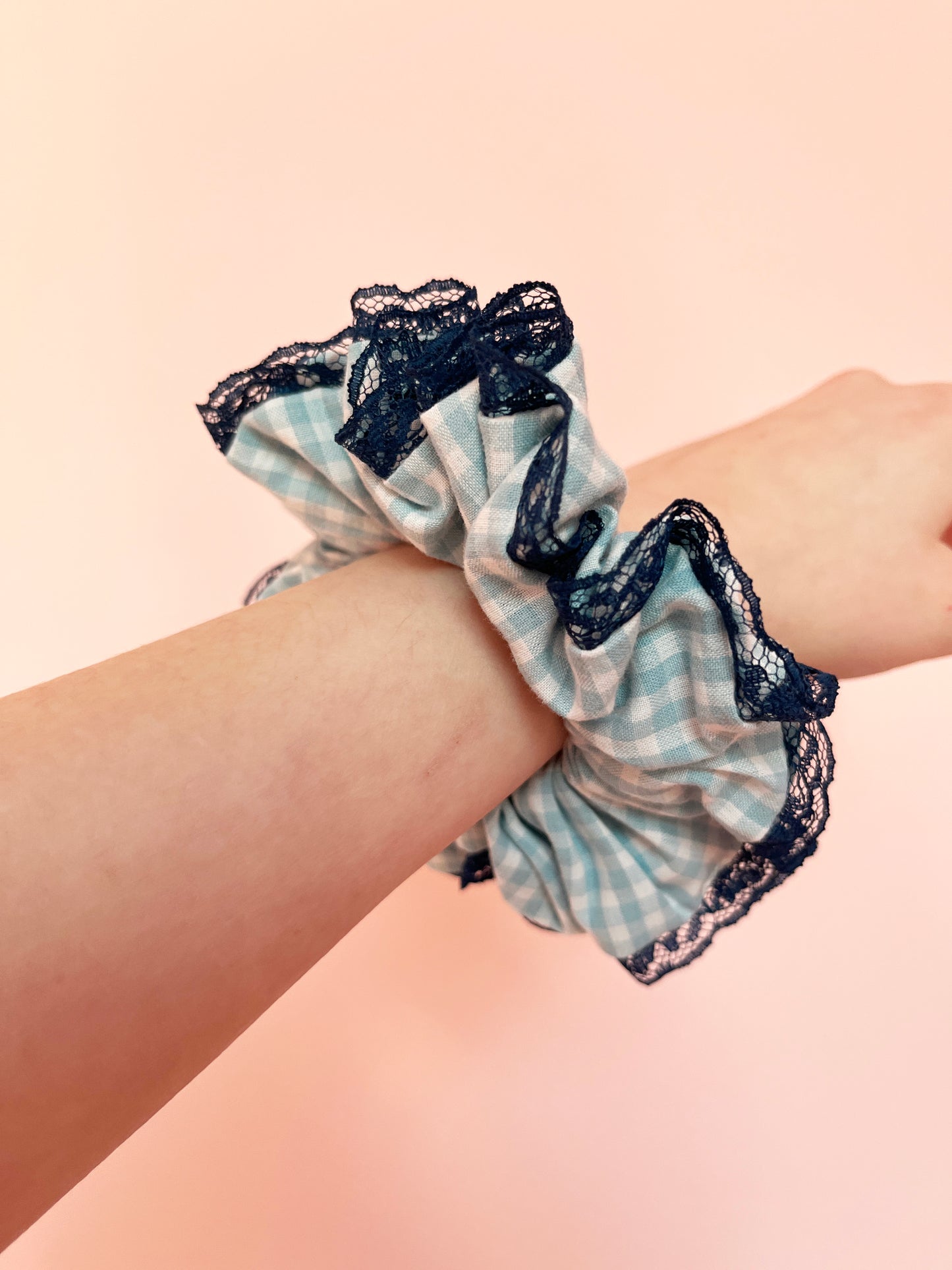 Blue Gingham | Lace Trimmed Scrunchie