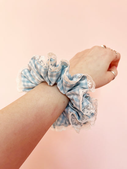 Blue Gingham | Lace Trimmed Scrunchie