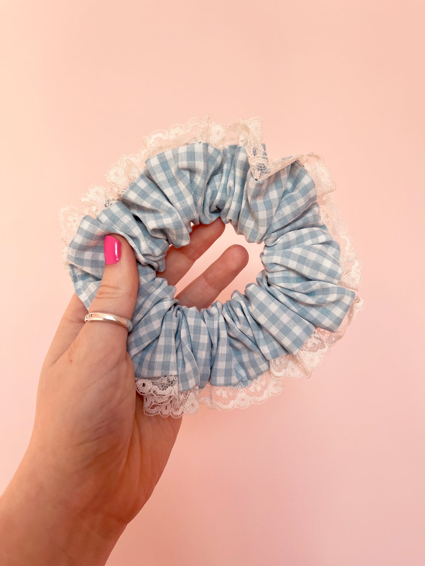 Blue Gingham | Lace Trimmed Scrunchie