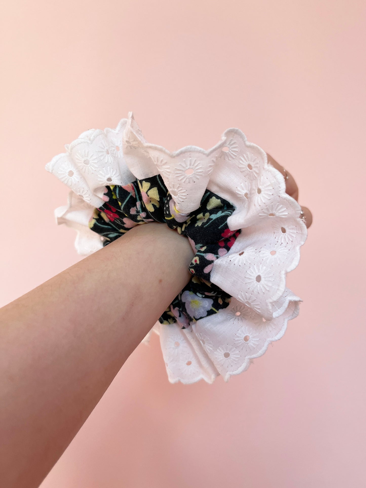 Black Floral | Lace Trimmed Scrunchie