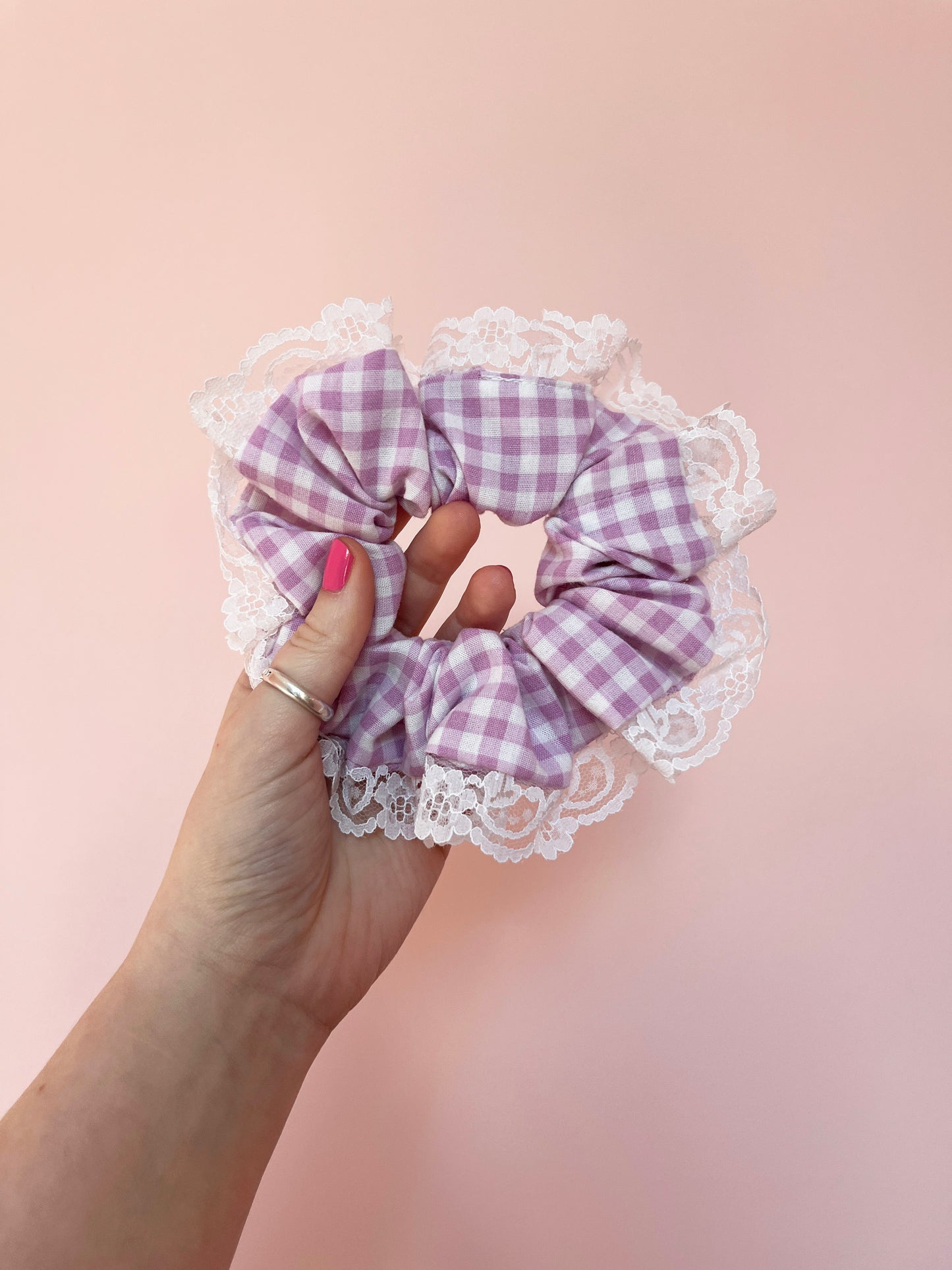 Lilac Gingham | Lace Trimmed Scrunchie