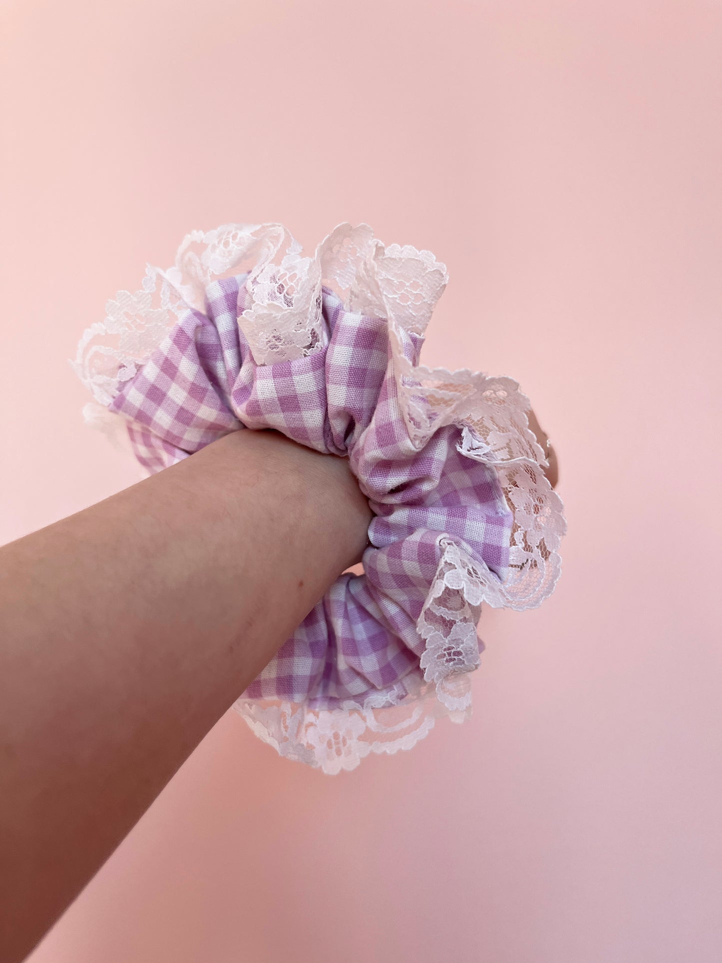 Lilac Gingham | Lace Trimmed Scrunchie