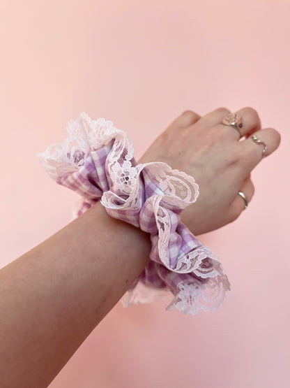 Lilac Gingham | Lace Trimmed Scrunchie