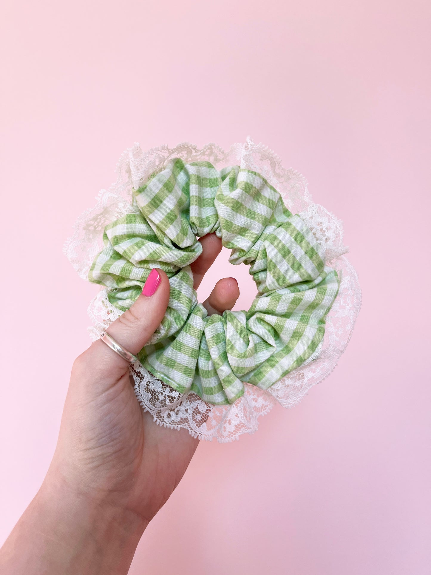 Green Gingham | Lace Trimmed Scrunchie