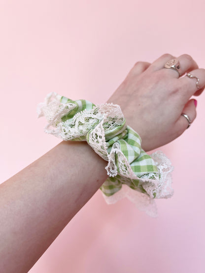 Green Gingham | Lace Trimmed Scrunchie