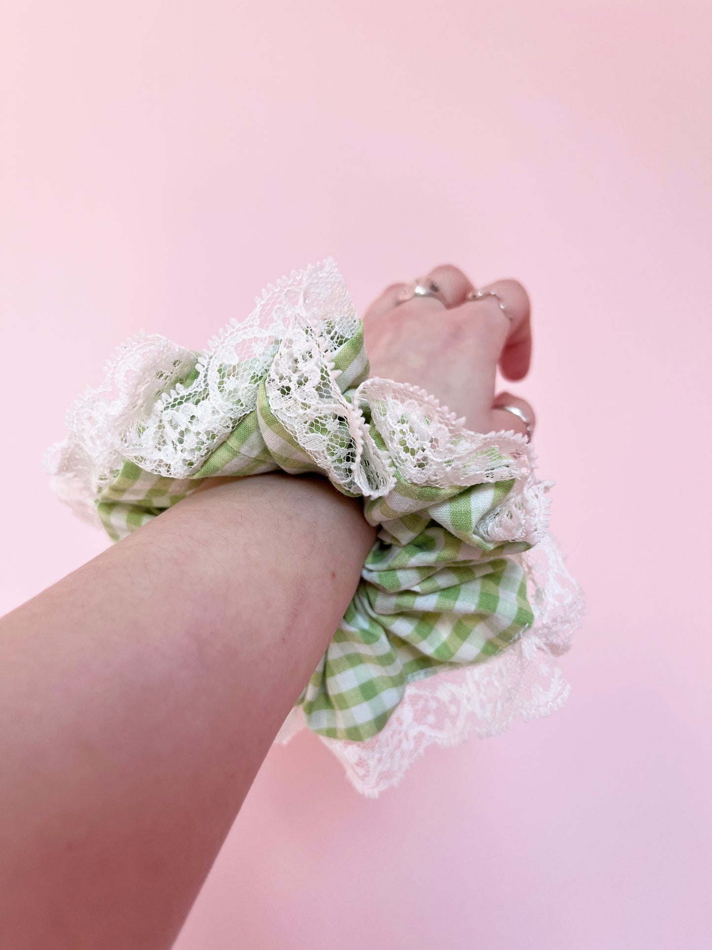 Green Gingham | Lace Trimmed Scrunchie