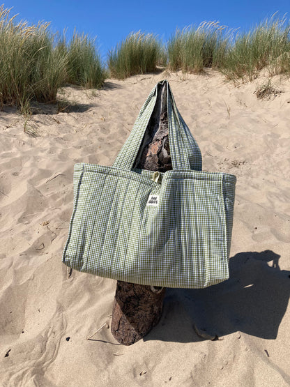 Olive Gingham Oversized Quilted Tote Bag