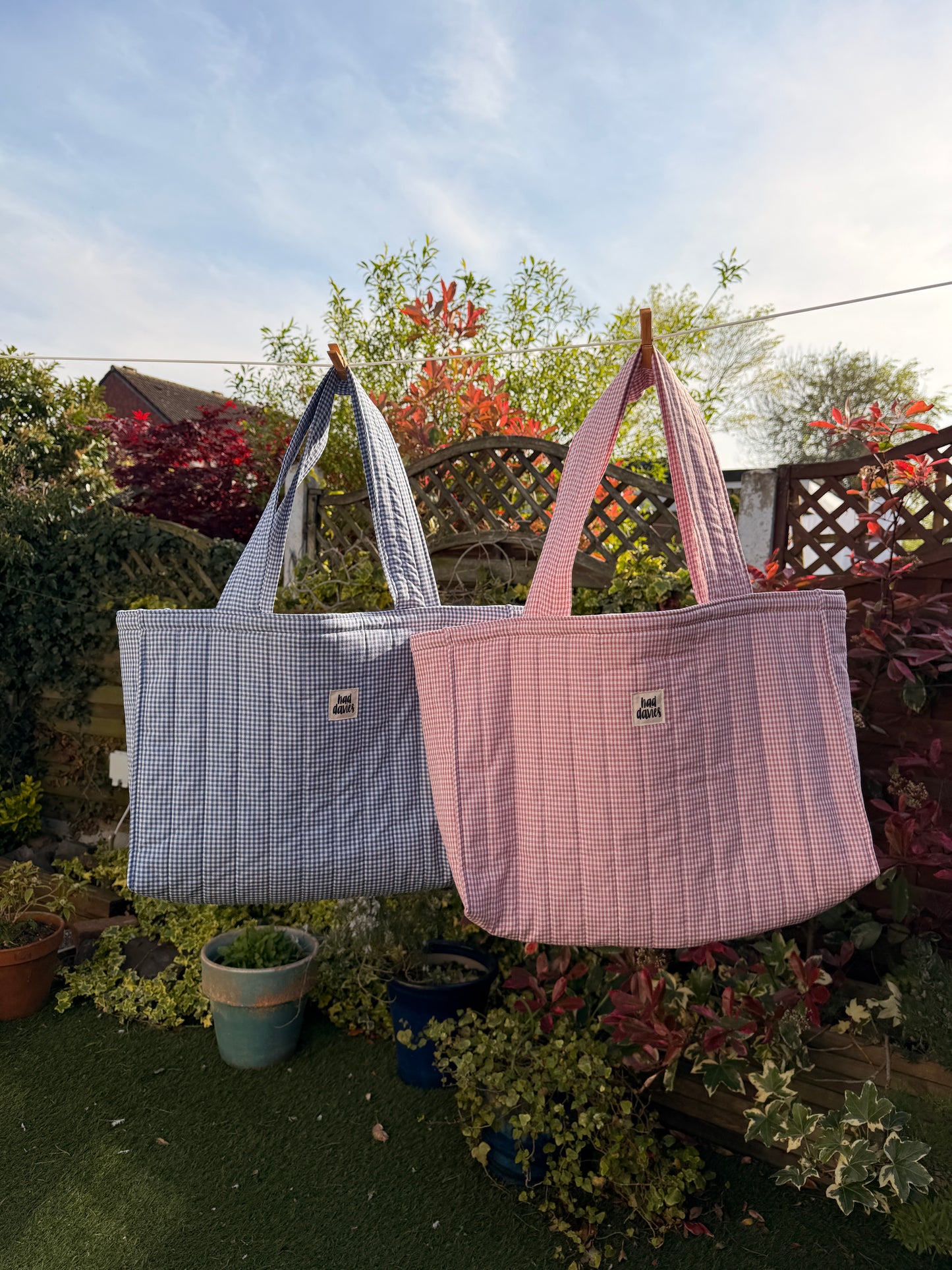 Blue Gingham Oversized Quilted Tote Bag