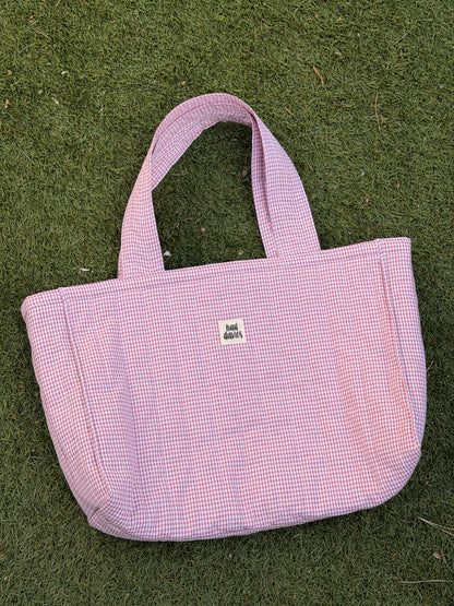 Pink Gingham Oversized Quilted Tote Bag
