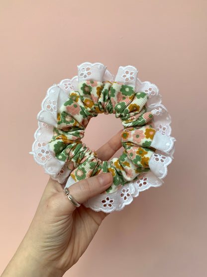 Green & White Floral | Trimmed Scrunchie