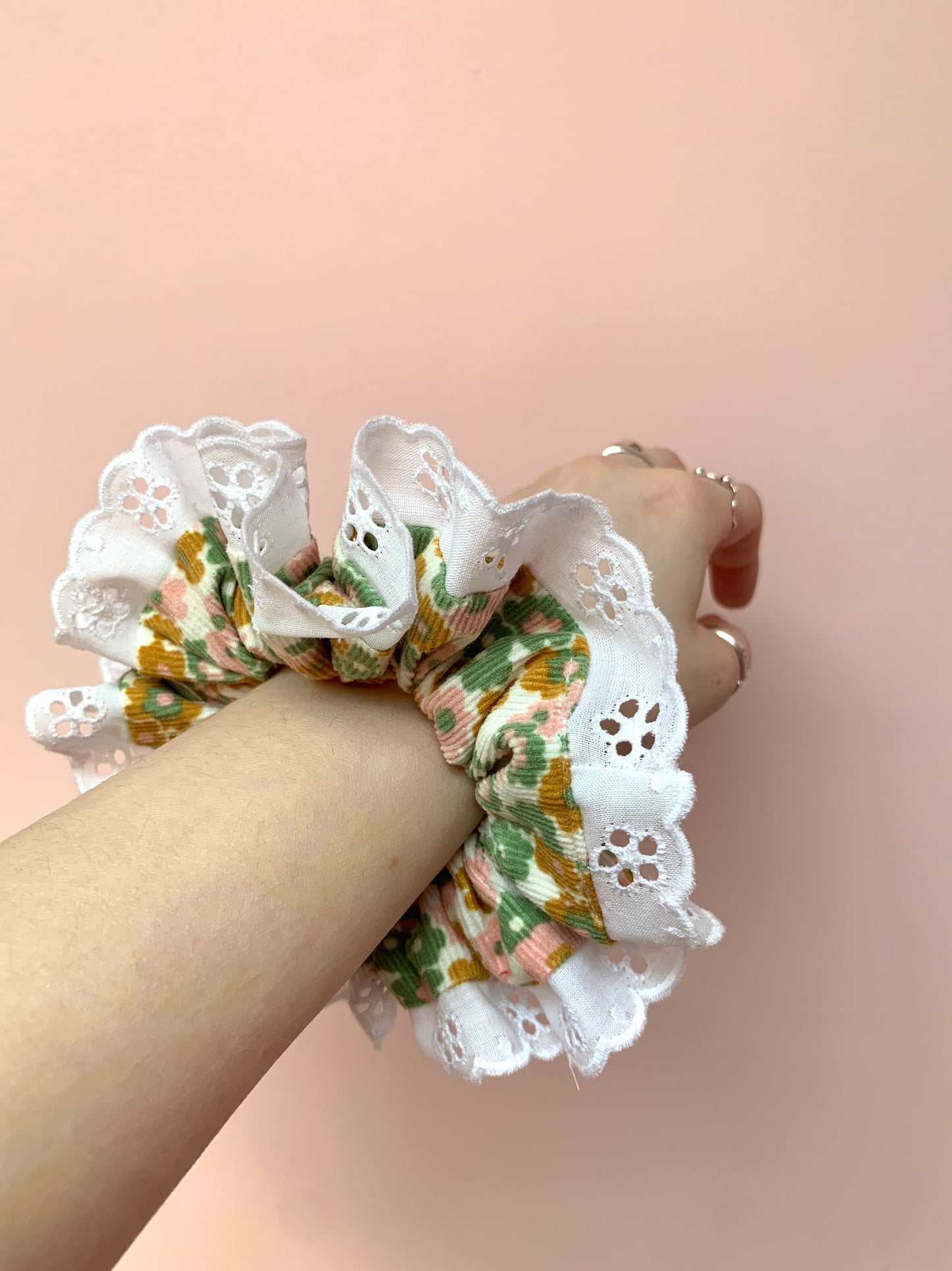 Green & White Floral | Trimmed Scrunchie