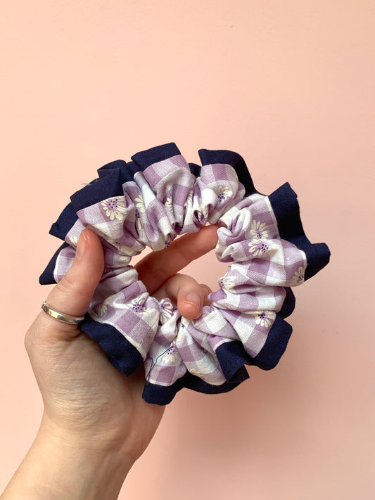 Floral Print Purple Gingham | Trimmed Scrunchie