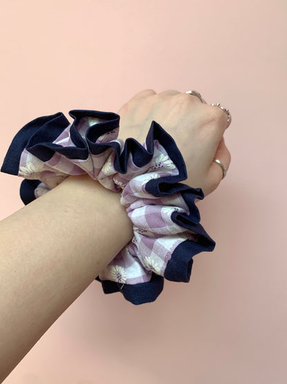 Floral Print Purple Gingham | Trimmed Scrunchie