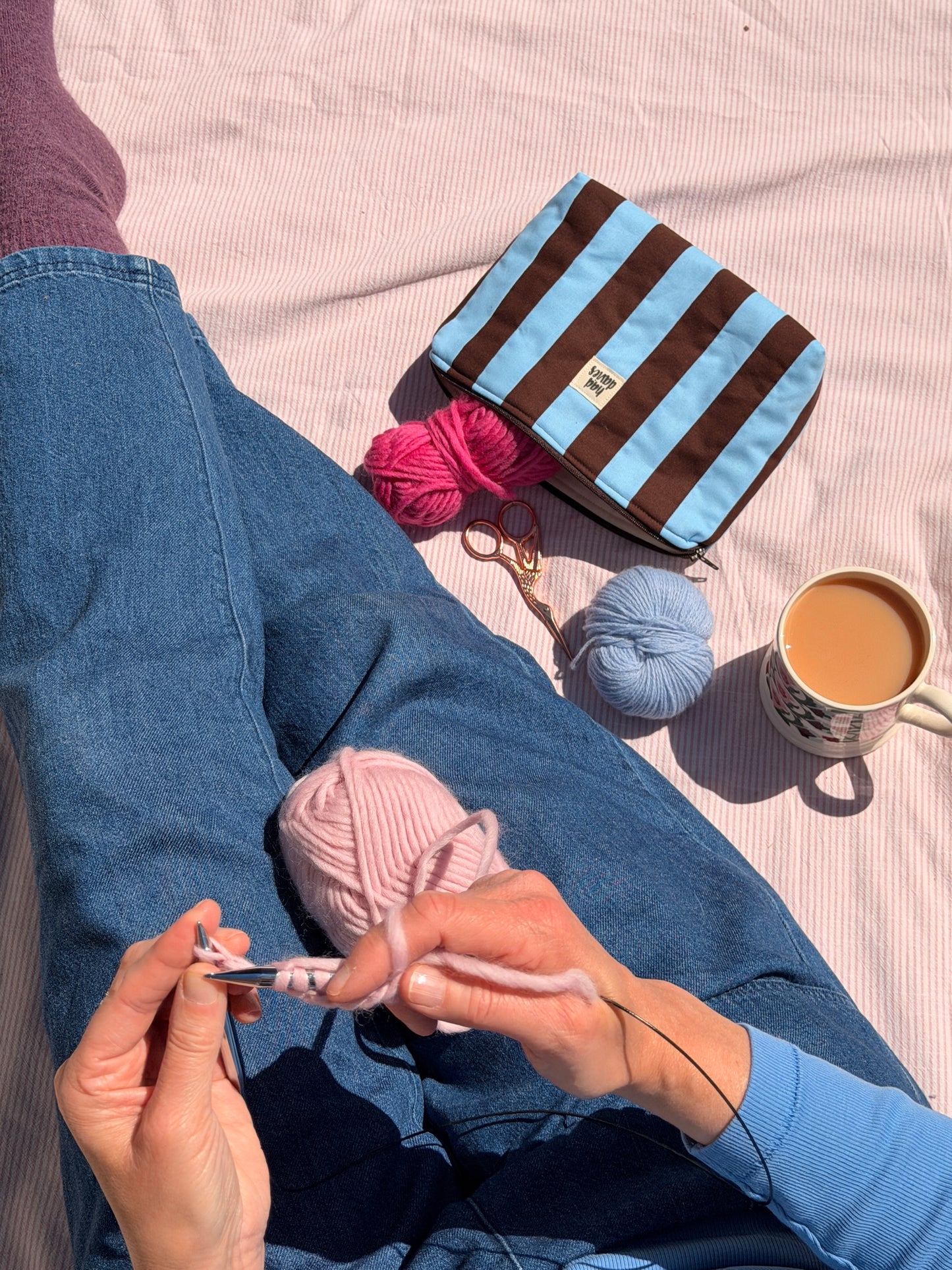 Blue & Brown Stripe Large Pouch