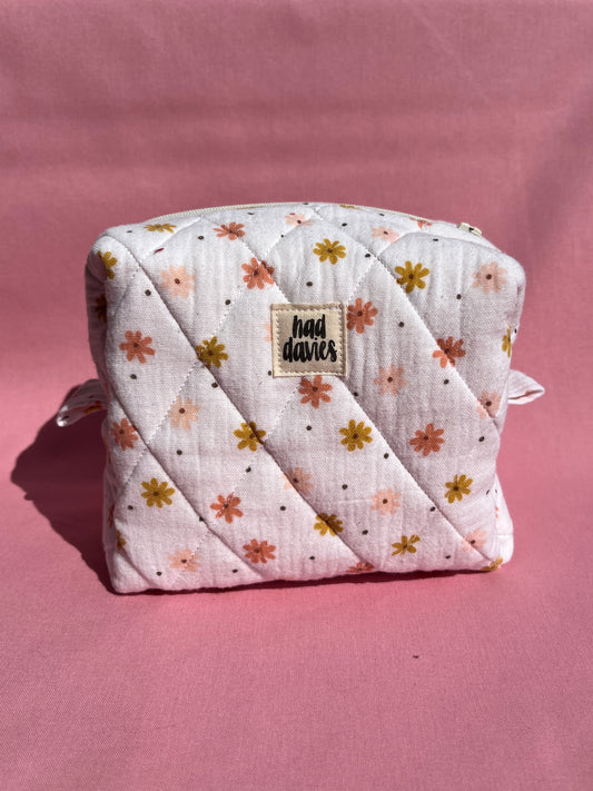 White & Pink Floral Small Boxy Pouch
