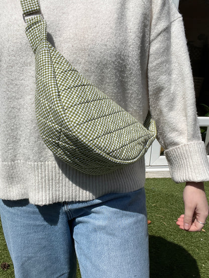 Olive Gingham Crescent Shoulder Bag