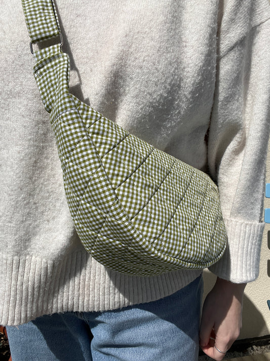 Olive Gingham Crescent Shoulder Bag