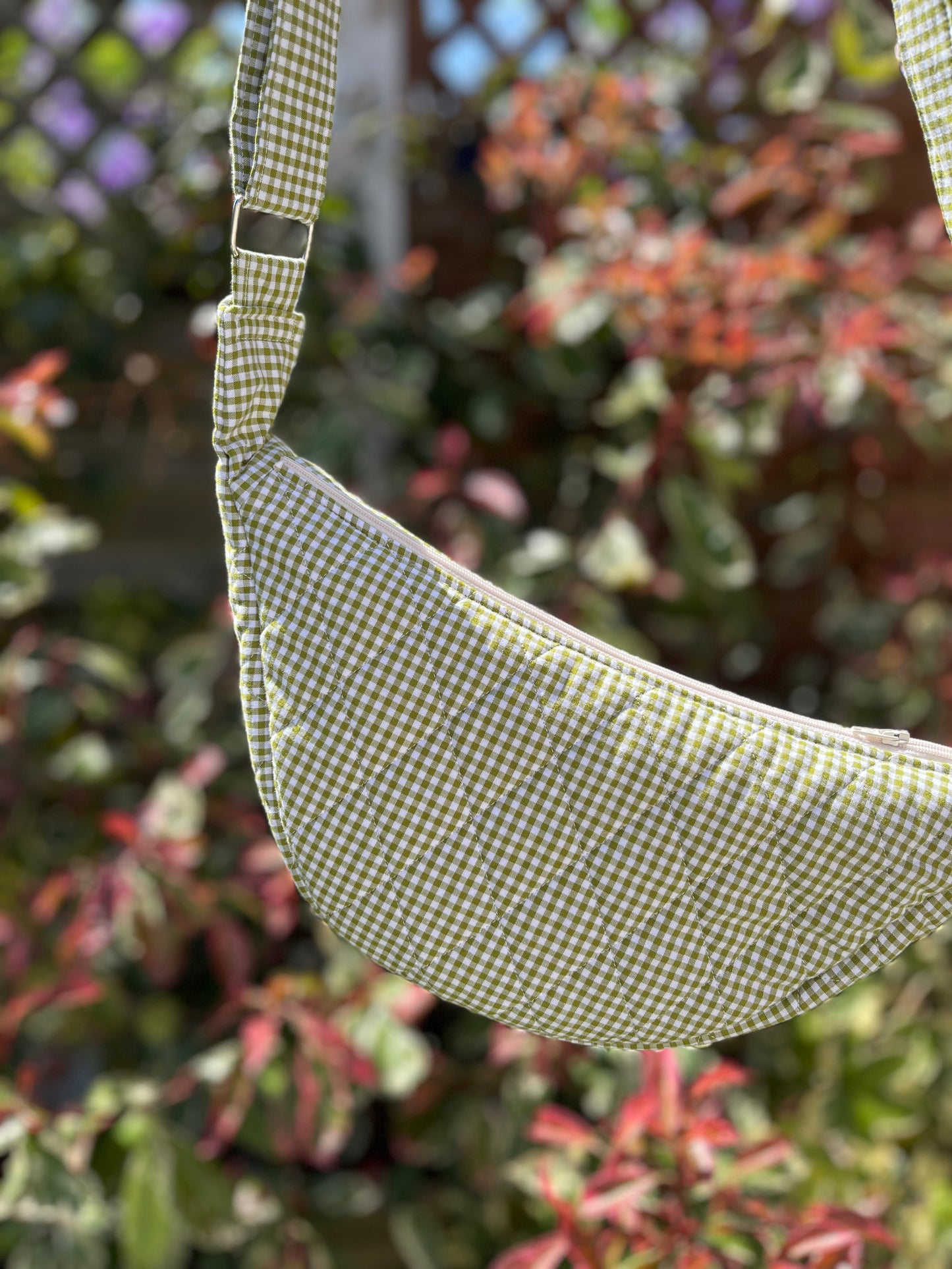 Olive Gingham Crescent Shoulder Bag