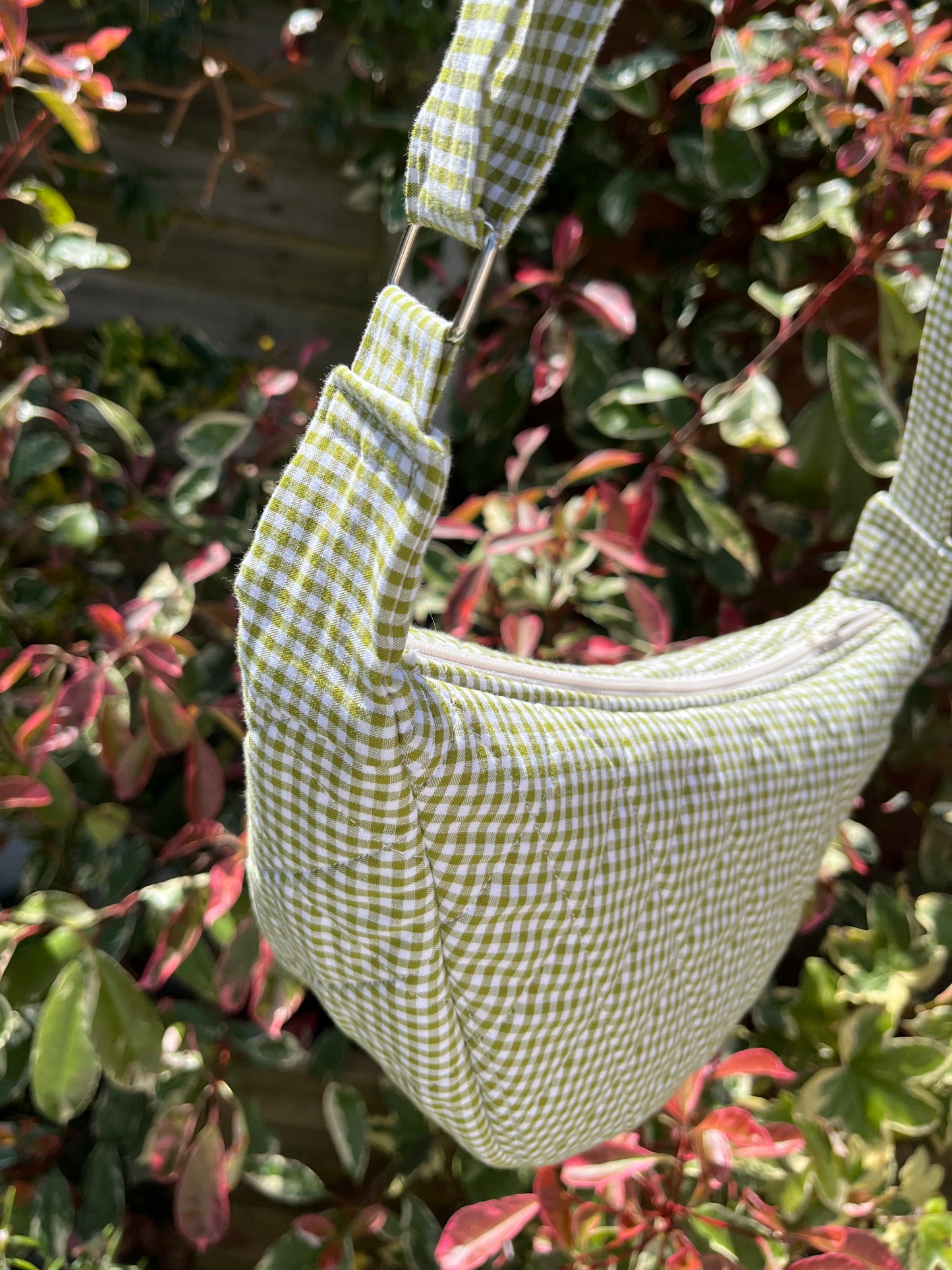 Olive Gingham Crescent Shoulder Bag