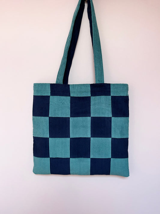 Seafoam & Navy Checkerboard Tote Bag