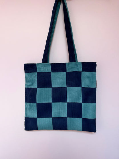 Seafoam & Navy Checkerboard Tote Bag