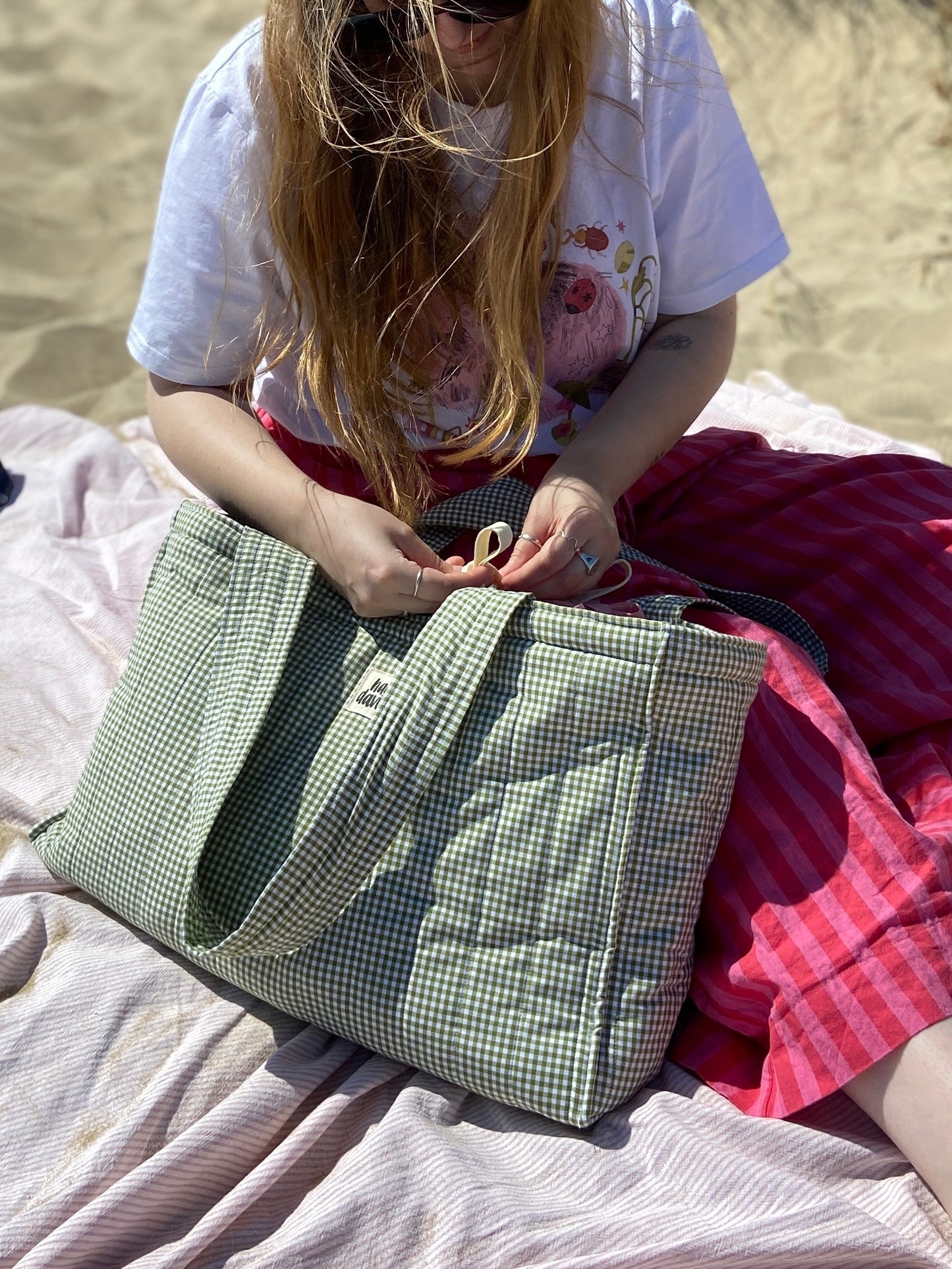Olive Gingham Oversized Quilted Tote Bag
