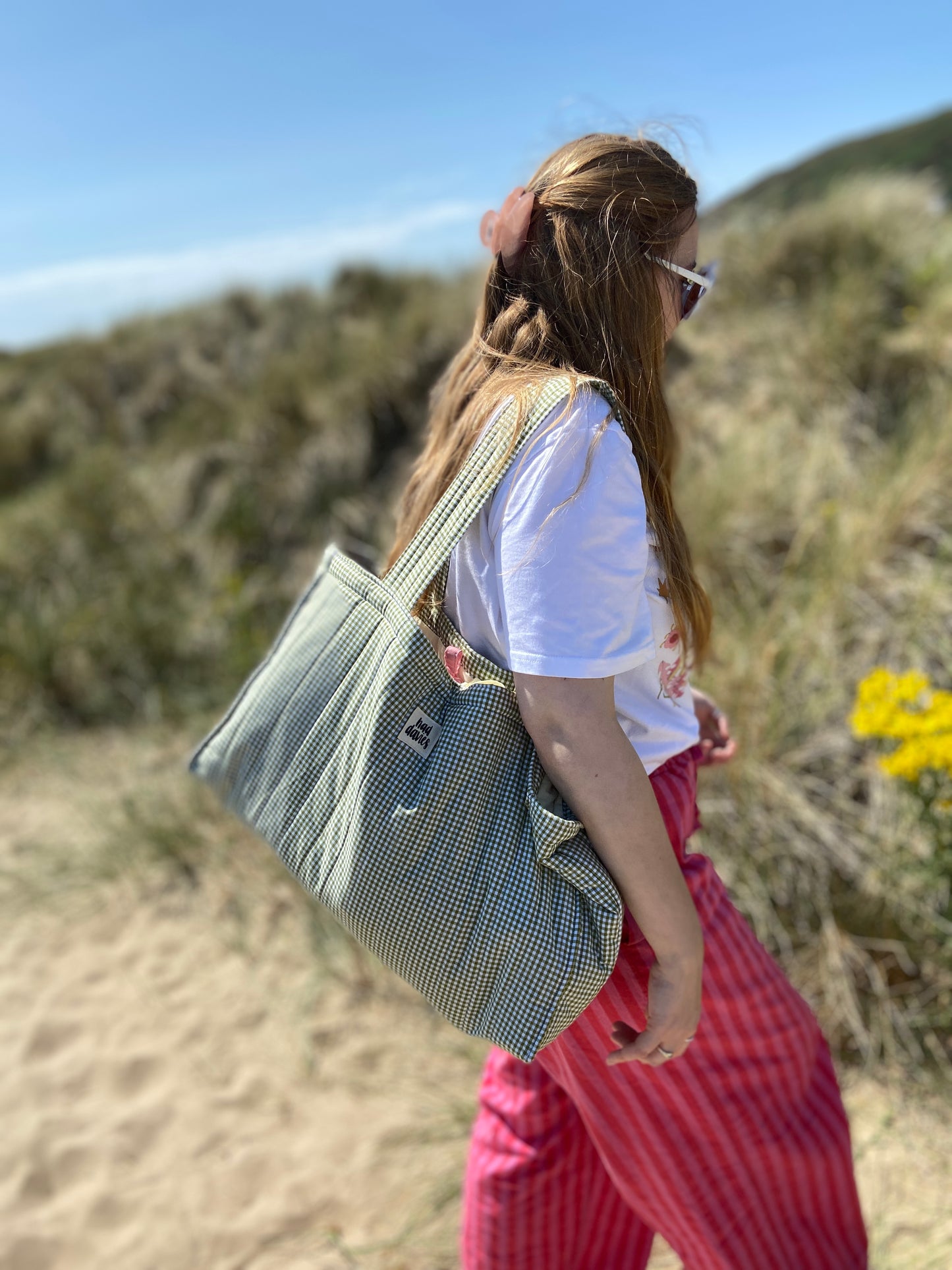 Olive Gingham Oversized Quilted Tote Bag