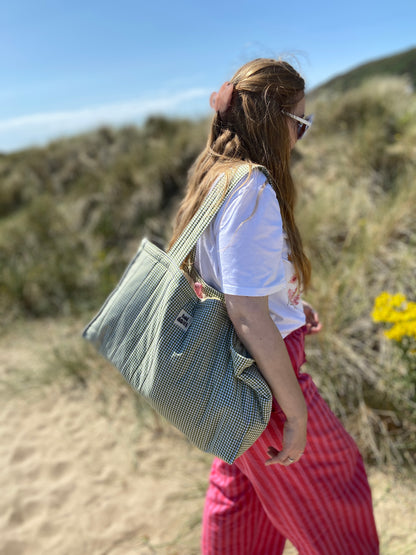 Olive Gingham Oversized Quilted Tote Bag