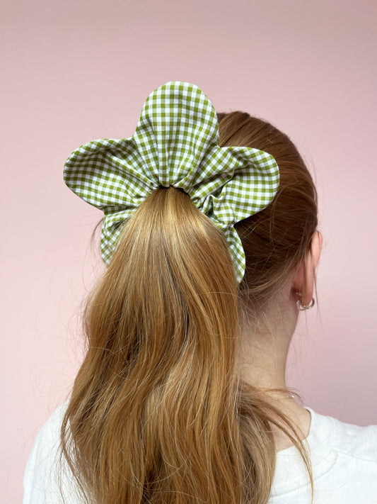 Olive Gingham | Flower Scrunchie