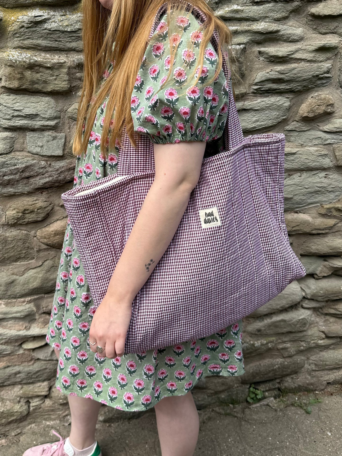 Berry Gingham Oversized Quilted Tote Bag