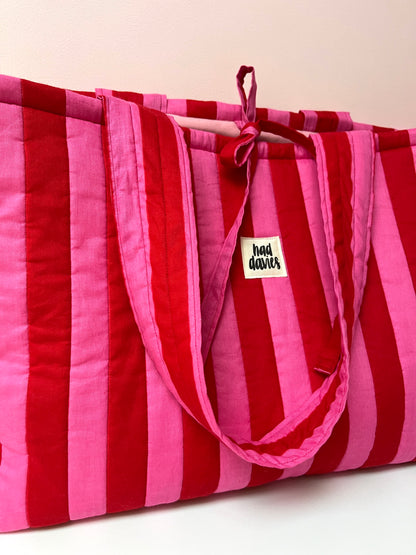 Pink & Red Stripe Oversized Quilted Tote Bag | Limited Edition