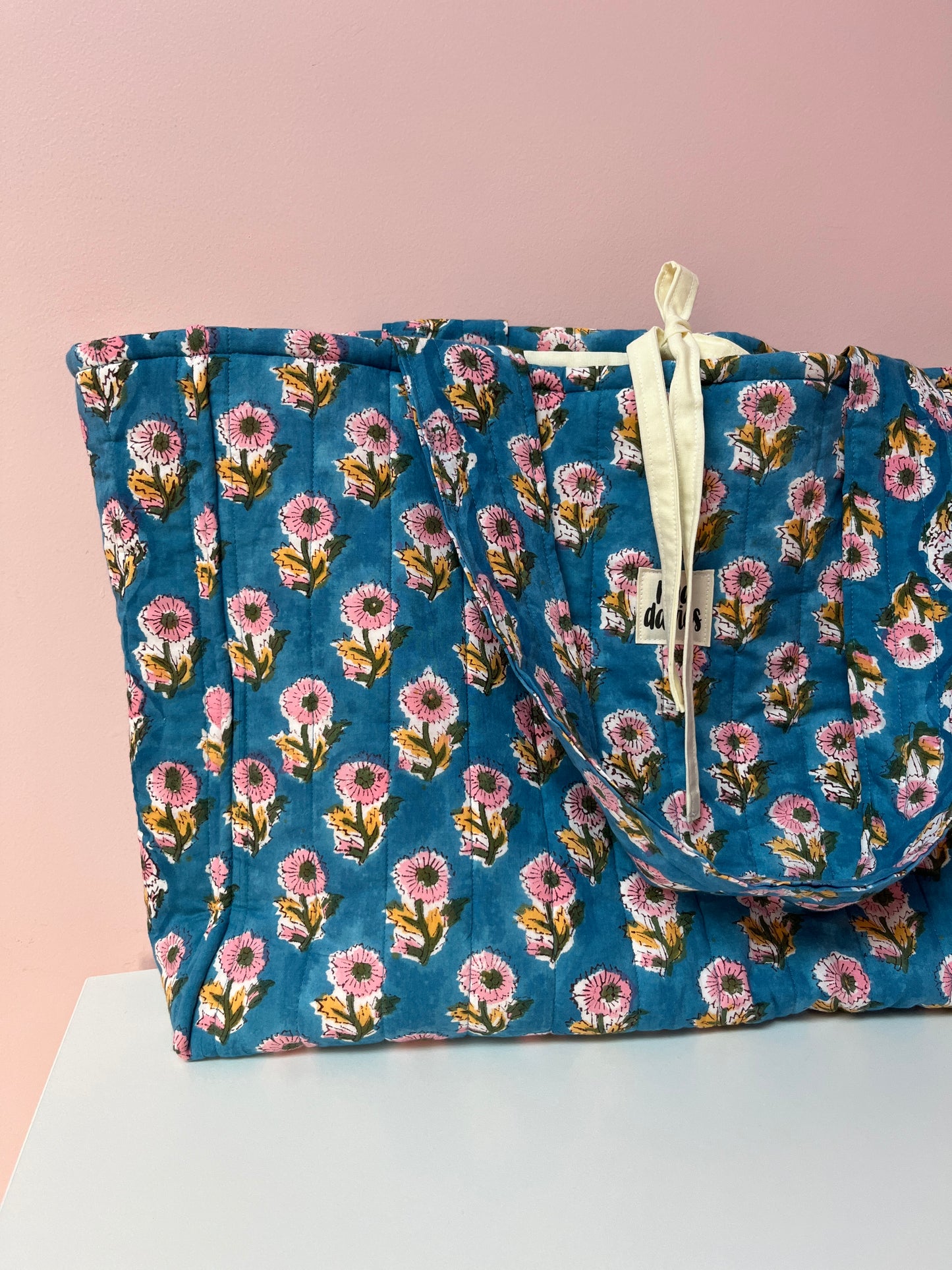 Blue Block Print Oversized Quilted Tote Bag | Limited Edition