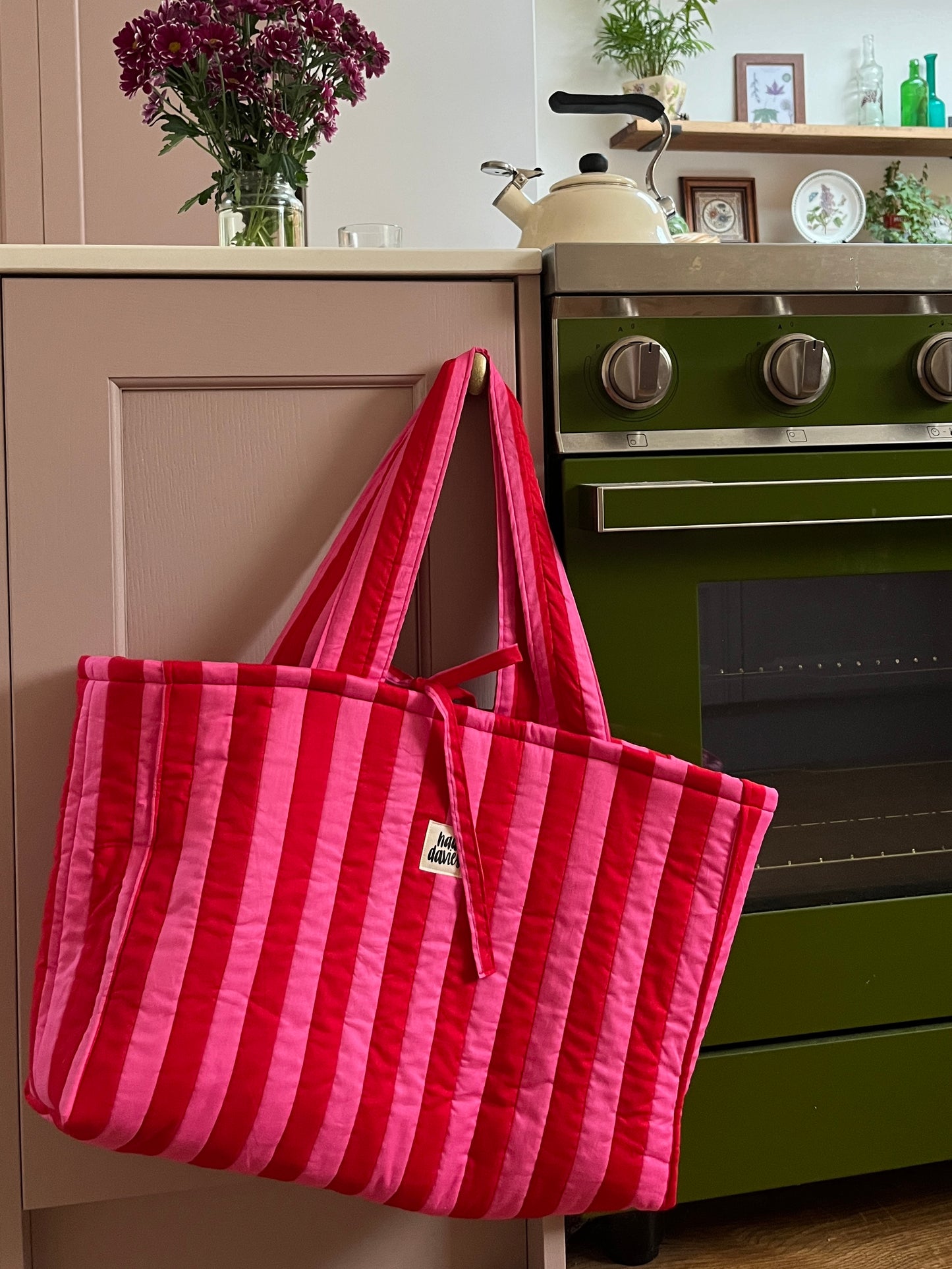 Pink & Red Stripe Oversized Quilted Tote Bag | Limited Edition