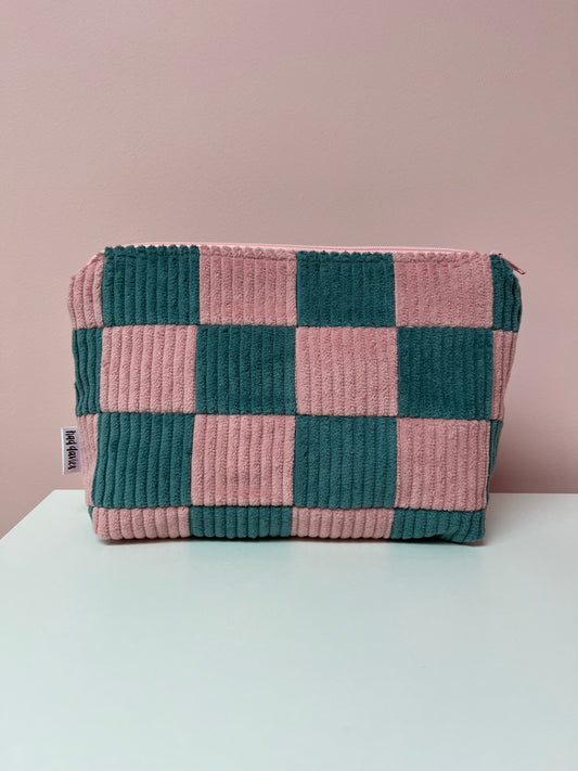 Pink and Seafoam Checkerboard Large Pouch