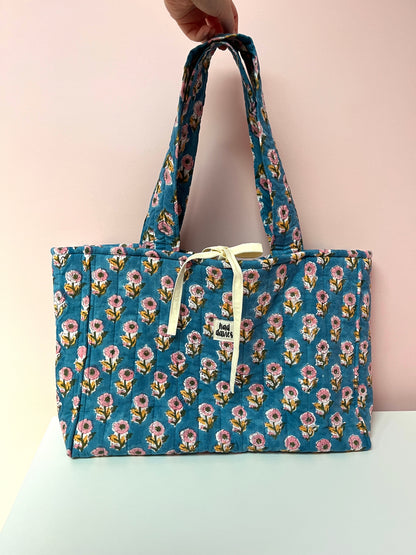 Blue Block Print Oversized Quilted Tote Bag | Limited Edition