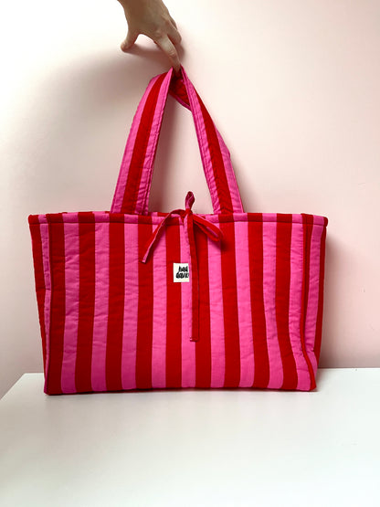 Pink & Red Stripe Oversized Quilted Tote Bag | Limited Edition