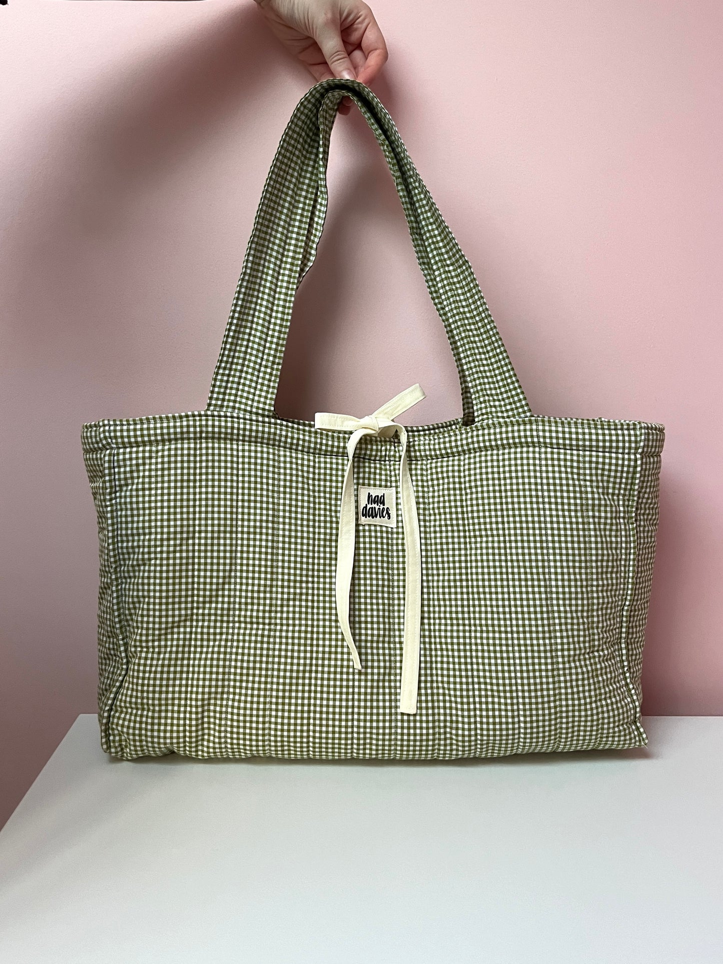 Olive Gingham Oversized Quilted Tote Bag