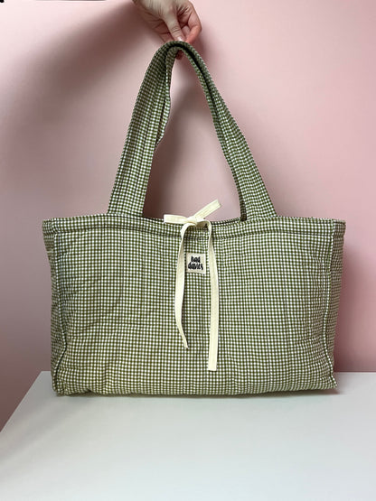 Olive Gingham Oversized Quilted Tote Bag