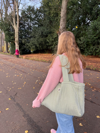 Olive Gingham Oversized Quilted Tote Bag