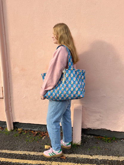 Blue Block Print Oversized Quilted Tote Bag | Limited Edition