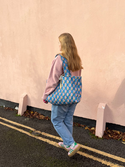 Blue Block Print Oversized Quilted Tote Bag | Limited Edition