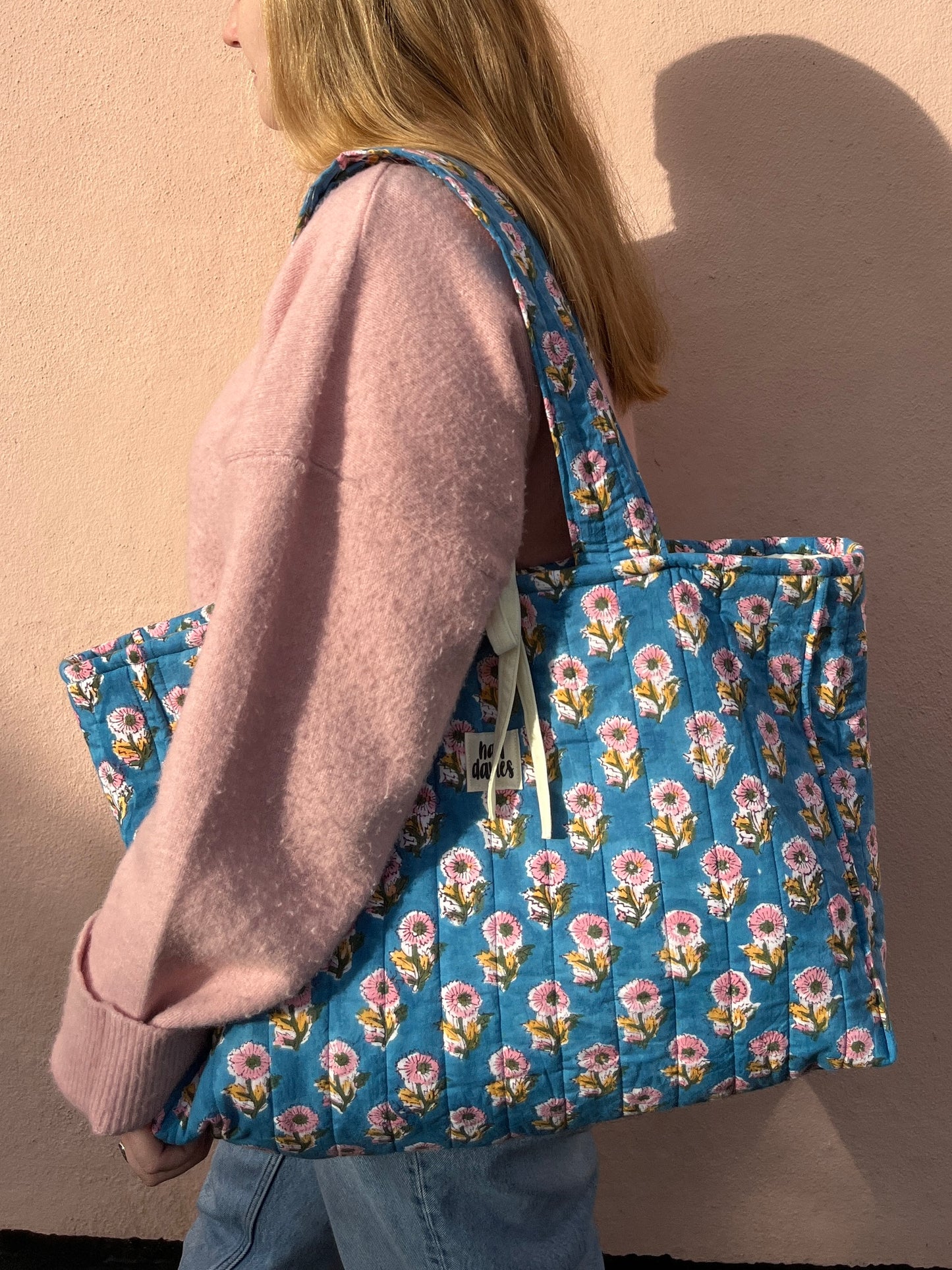 Blue Block Print Oversized Quilted Tote Bag | Limited Edition