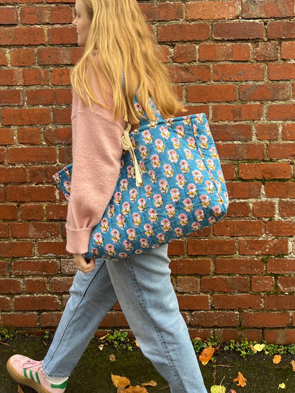 Blue Block Print Oversized Quilted Tote Bag | Limited Edition